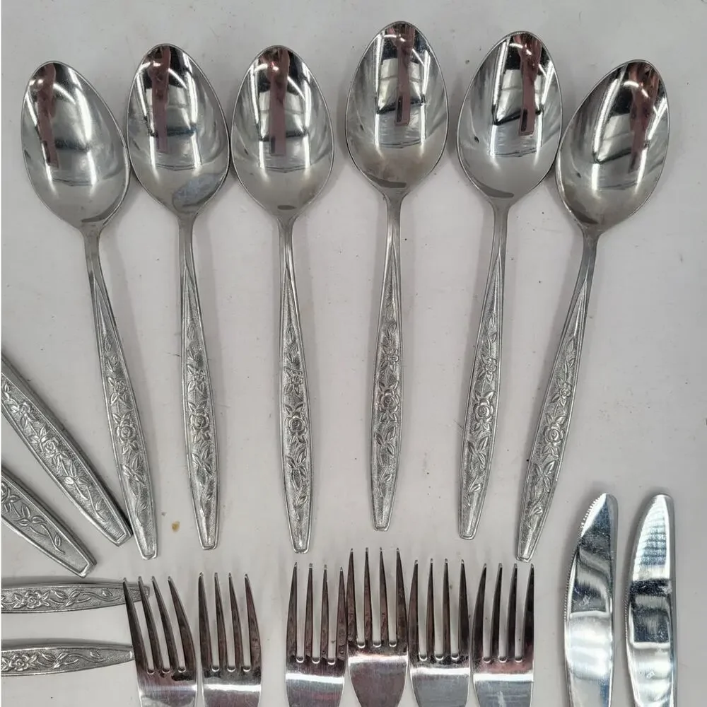 Eldan ELD18 Stainless Flatware Set Japan Roses Textured 24 Pc Tableware